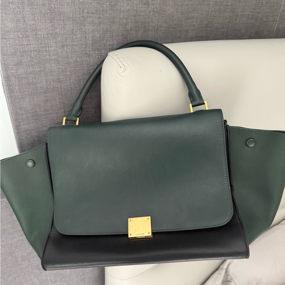 Celine Green and Black Satchel with Gold Hardware